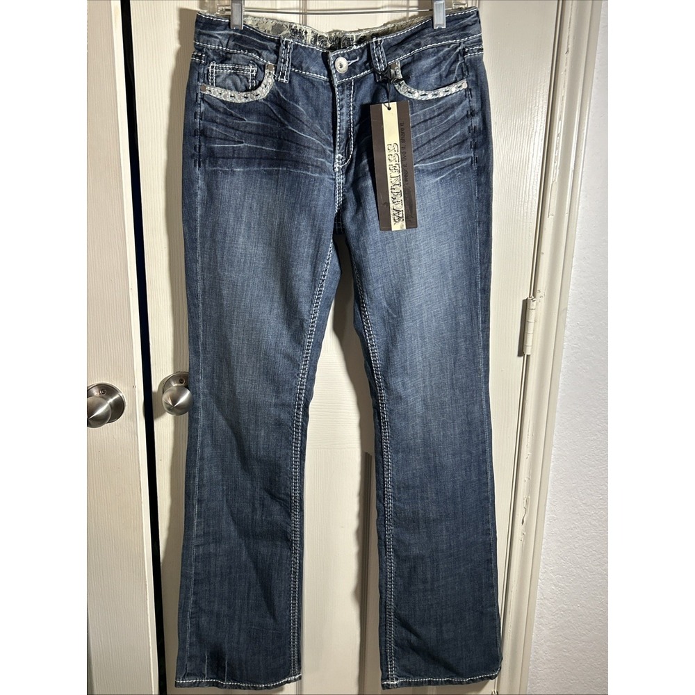 Witness Wear Lace Pocket Jeans Womens Bootcut Blue Denim Size 14 Waist 32"